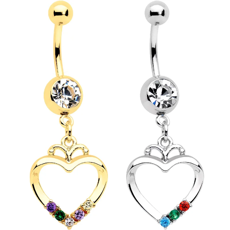 Beautiful Belly Rings with Chic Features -Clear Gem Gold PVD BFF Heart Dangle Belly Ring Set of 2