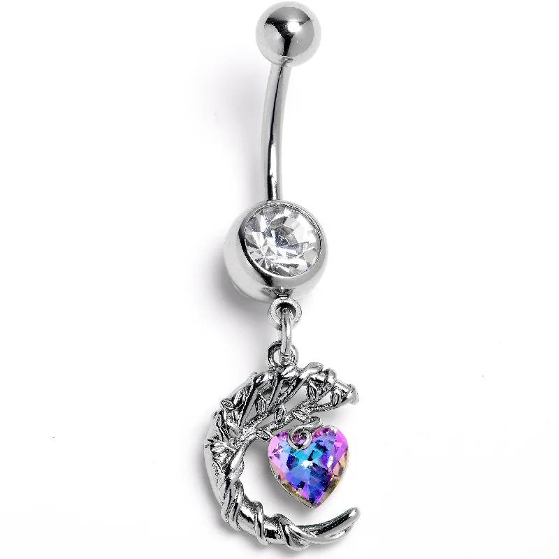 Trendy Belly Rings for Fashion Enthusiasts -Clear Aurora Gem Leafy Moon Heart Dangle Belly Ring Trendy Belly Rings for Fashion Enthusiasts -Clear Aurora Gem Leafy Moon Heart Dangle Belly Ring