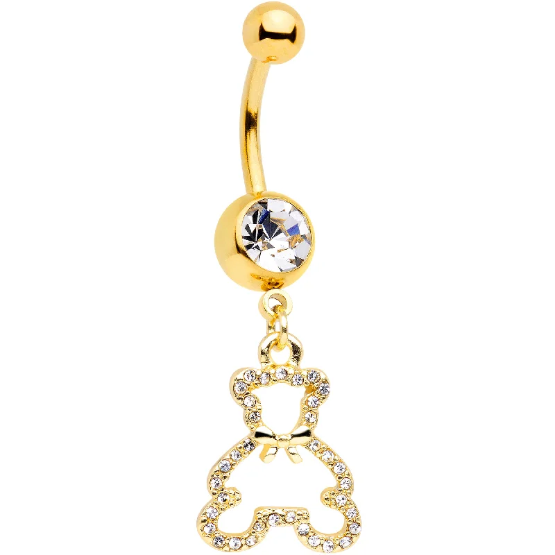 Belly Rings for Women -Clear Gem Gold Tone Hollow Bear Dangle Belly Ring