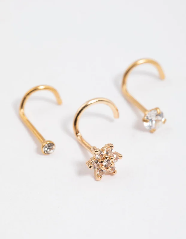 Nose Rings for Party Look -Gold Plated Surgical Steel Flower Nose Stud Pack