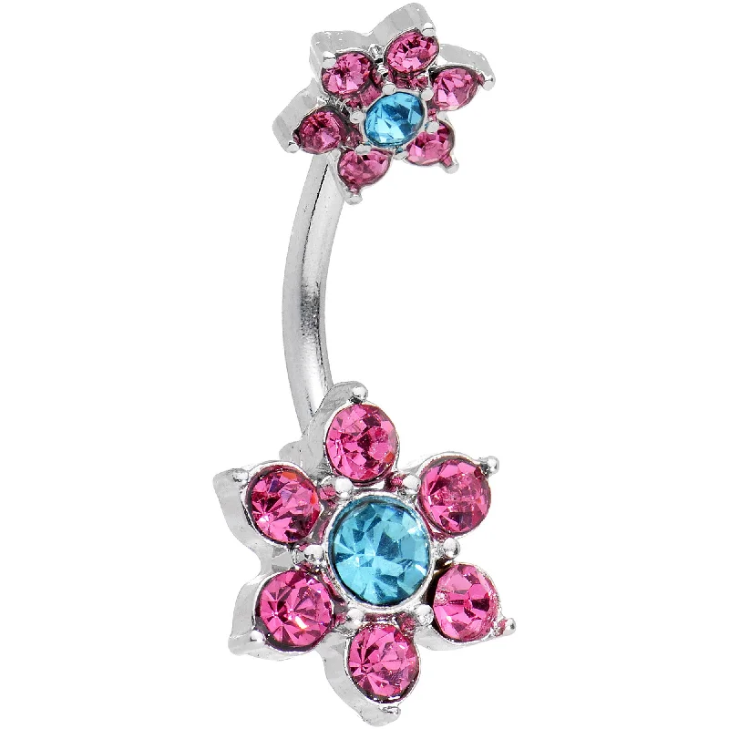 Unique Belly Rings with Artistic Shine -Blue Pink Gem Primrose Flower Double Mount Belly Ring Unique Belly Rings with Artistic Shine -Blue Pink Gem Primrose Flower Double Mount Belly Ring