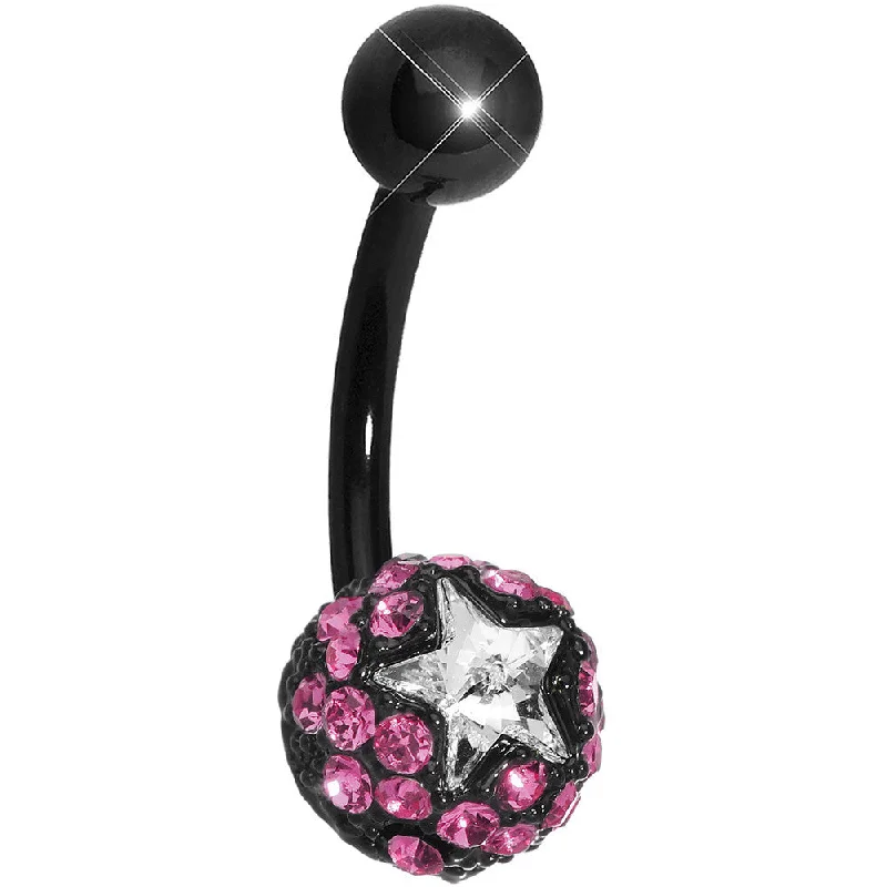 Comfortable Belly Rings with Modern Appeal -Pink Gem Paved Black La Luna and Clear Star Belly Ring Comfortable Belly Rings with Modern Appeal -Pink Gem Paved Black La Luna and Clear Star Belly Ring