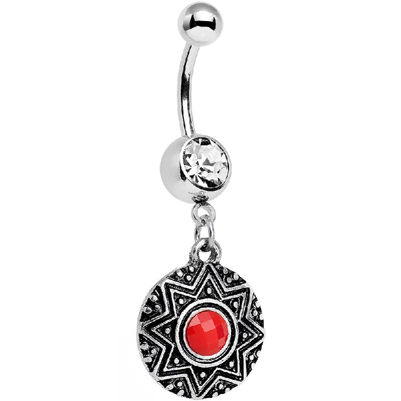 Comfortable Belly Rings for Unique Look -Clear Red Gem Disc Dangle Belly Ring
