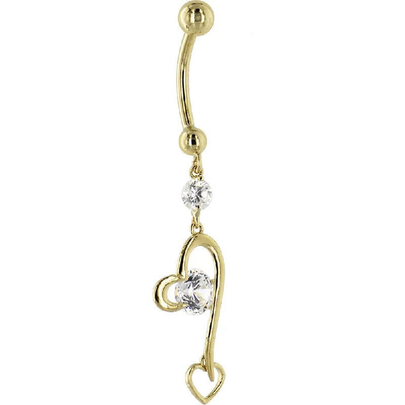 Stunning Belly Rings with Gorgeous Shine -16 Gauge Solid 14KT Yellow Gold Cubic Zirconia HEART FANTASY Dangle Belly Ring