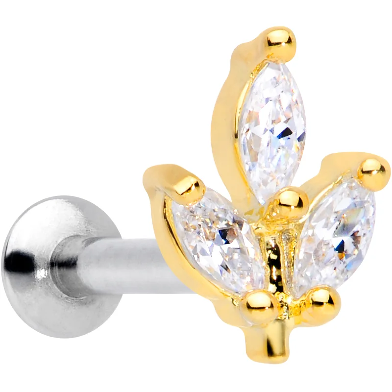 Lip Rings for Edgy Style16 Gauge 1/4 CZ Gem Gold PVD Leaf Threadless Push In Labret Tragus