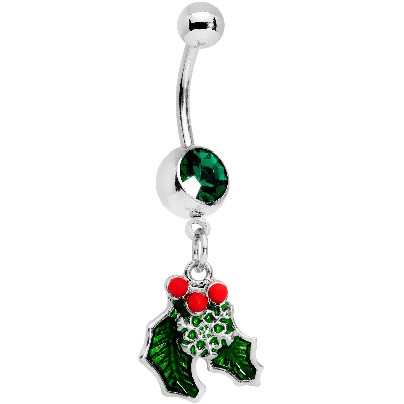 Stylish Belly Rings for Fashion-Forward Women -Green Gem Winter Wonderland Snow on the Holly Dangle Belly Ring Stylish Belly Rings for Fashion-Forward Women -Green Gem Winter Wonderland Snow on the Holly Dangle Belly Ring