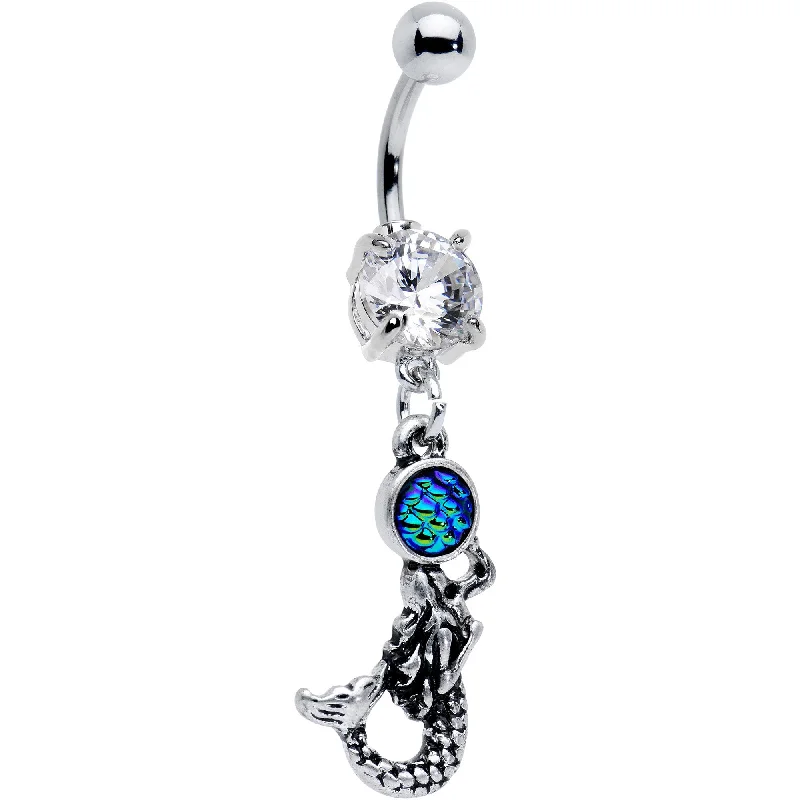 Beautiful Belly Rings with Gorgeous Shine -Clear Gem Green Mermaid Scale Queen of the Sea Dangle Belly Ring