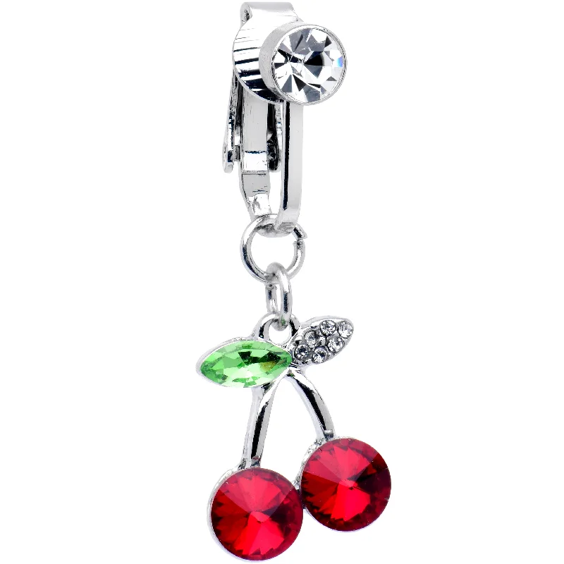 Designer Belly Rings for Glamorous Looks -Red Green CZ Gem Sweet Cherry Dangle Clip on Fake Belly Ring Designer Belly Rings for Glamorous Looks -Red Green CZ Gem Sweet Cherry Dangle Clip on Fake Belly Ring