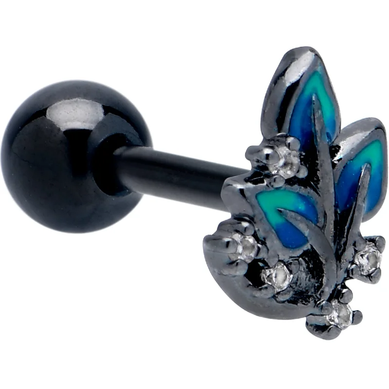 Women's Earrings – Elegant Designs for Every Personality--16 Gauge 1/4 Clear CZ Gem Black Lush Leaves Cartilage Tragus Earring