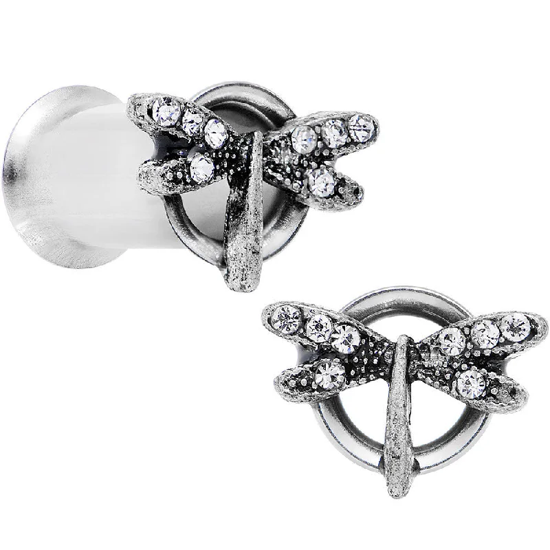 Women's Earrings – Elegant Designs for Every Personality--2 Gauge Clear Gem Steel Hi Sky Dragonfly Double Flare Tunnel Plug Set