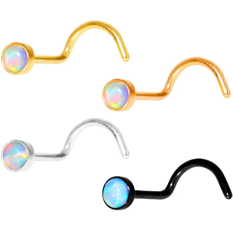 Nose Rings with Twisted Designs -White 3mm Synthetic Opal Anodized Press Fit Nose Screw 4 Pack Set Nose Rings with Twisted Designs -White 3mm Synthetic Opal Anodized Press Fit Nose Screw 4 Pack Set
