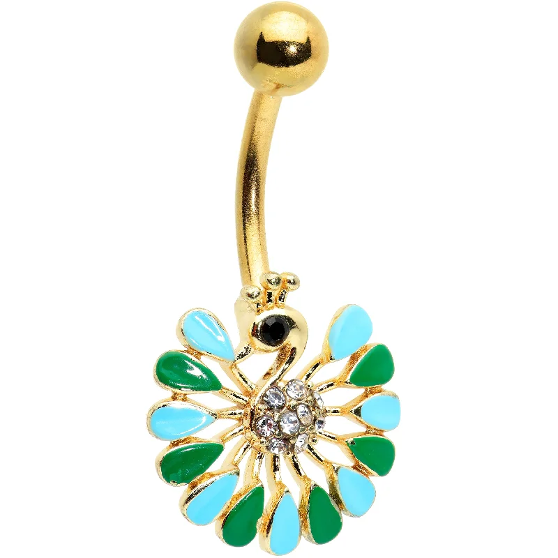 Belly Rings for Trendy Women -Clear Black Gem Gold Tone Pretty Peacock Belly Ring