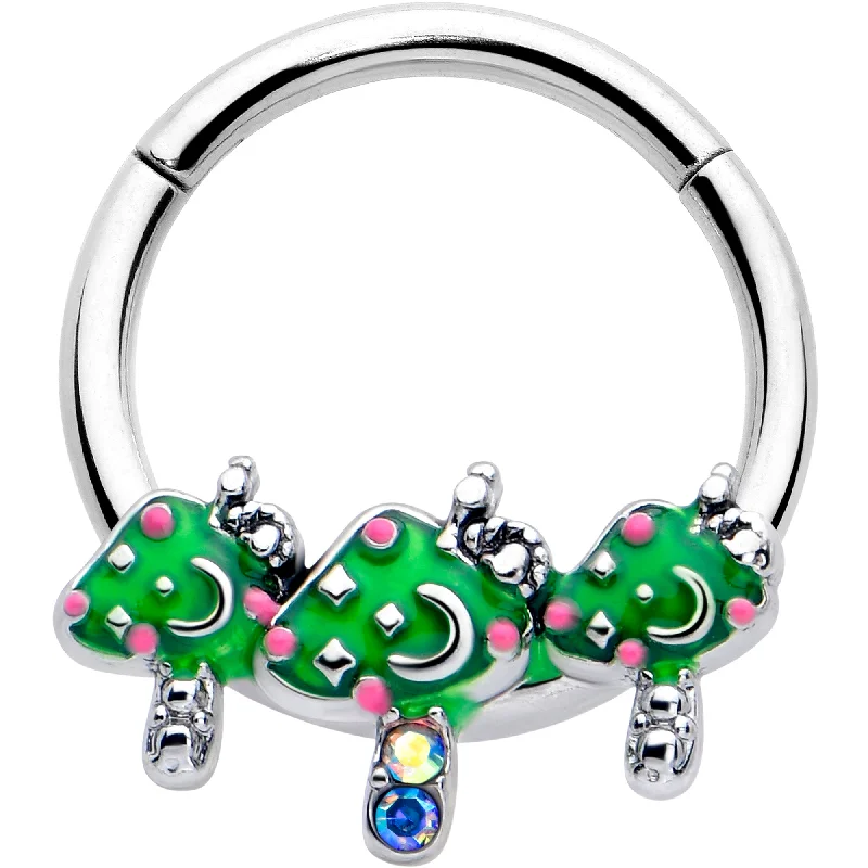Custom Nose Rings -16 Gauge 3/8 Aurora Gem Fanciful Green Mushroom Trio Hinged Segment Ring Custom Nose Rings -16 Gauge 3/8 Aurora Gem Fanciful Green Mushroom Trio Hinged Segment Ring