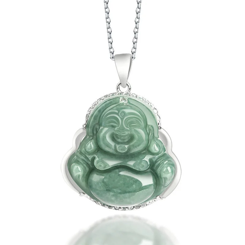 Shop Classic Women's  Necklaces & Pendants with a Modern Twist-Buddha Stones 925 Sterling Silver Laughing Buddha Jade Abundance Necklace Chain Pendant