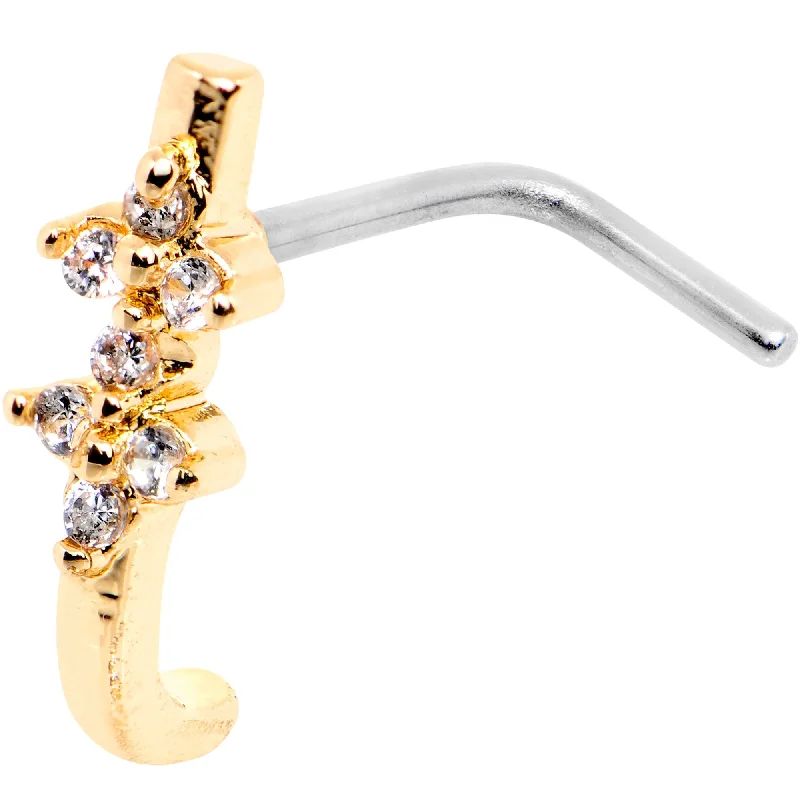 Bold Nose Rings with Glamorous Stones -20 Gauge Clear CZ Gold Tone Bling Faux Hoop L Shaped Nose Ring Bold Nose Rings with Glamorous Stones -20 Gauge Clear CZ Gold Tone Bling Faux Hoop L Shaped Nose Ring