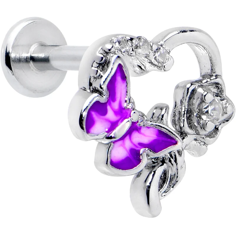 Lip Rings with Beautiful Detailing16 Gauge 5/16 Clear CZ Gem Butterfly Rose Purple Internally Threaded Labret