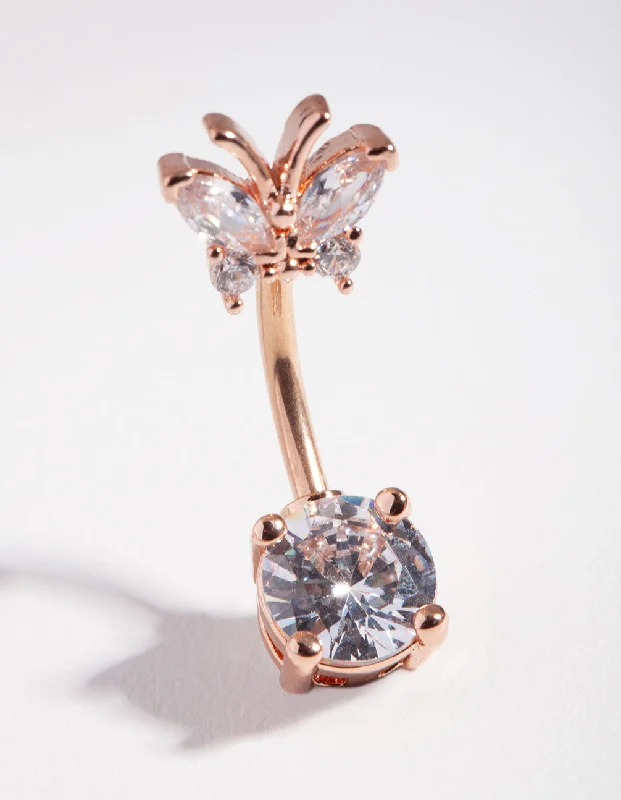 Belly Rings with Elegant Detailing for Fashionistas -Titanium Rose Gold Cubic Zirconia Butterfly Bellybutton Ring Belly Rings with Elegant Detailing for Fashionistas -Titanium Rose Gold Cubic Zirconia Butterfly Bellybutton Ring