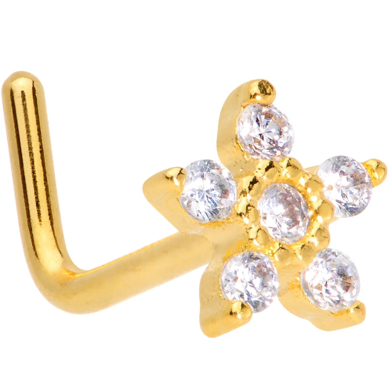Comfortable Silver Nose Rings -18 Gauge 7mm Clear CZ Gem Gold Tone Tiny Flower L Shaped Nose Ring Comfortable Silver Nose Rings -18 Gauge 7mm Clear CZ Gem Gold Tone Tiny Flower L Shaped Nose Ring