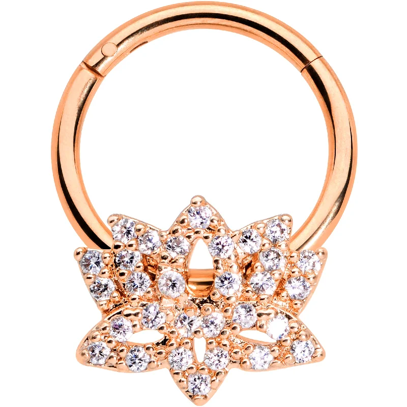 Stylish Nose Rings for Comfortable Wear -16 Gauge 3/8 Clear CZ Rose Gold Tone Lotus Flower Hinged Segment Ring Stylish Nose Rings for Comfortable Wear -16 Gauge 3/8 Clear CZ Rose Gold Tone Lotus Flower Hinged Segment Ring