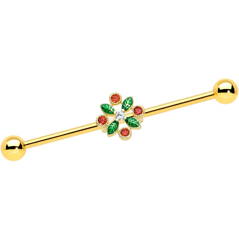 Women's Earrings – Elegant Designs for Every Personality--14 Gauge Red Gem Gold Tone Crest Christmas Industrial Barbell 38mm