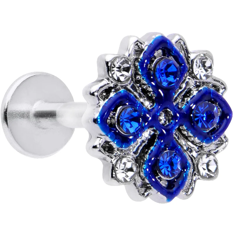 Simple Lip Rings for Clean Look16 Gauge 5/16 Blue Clear Gem Embellished Cross Labret Monroe Tragus