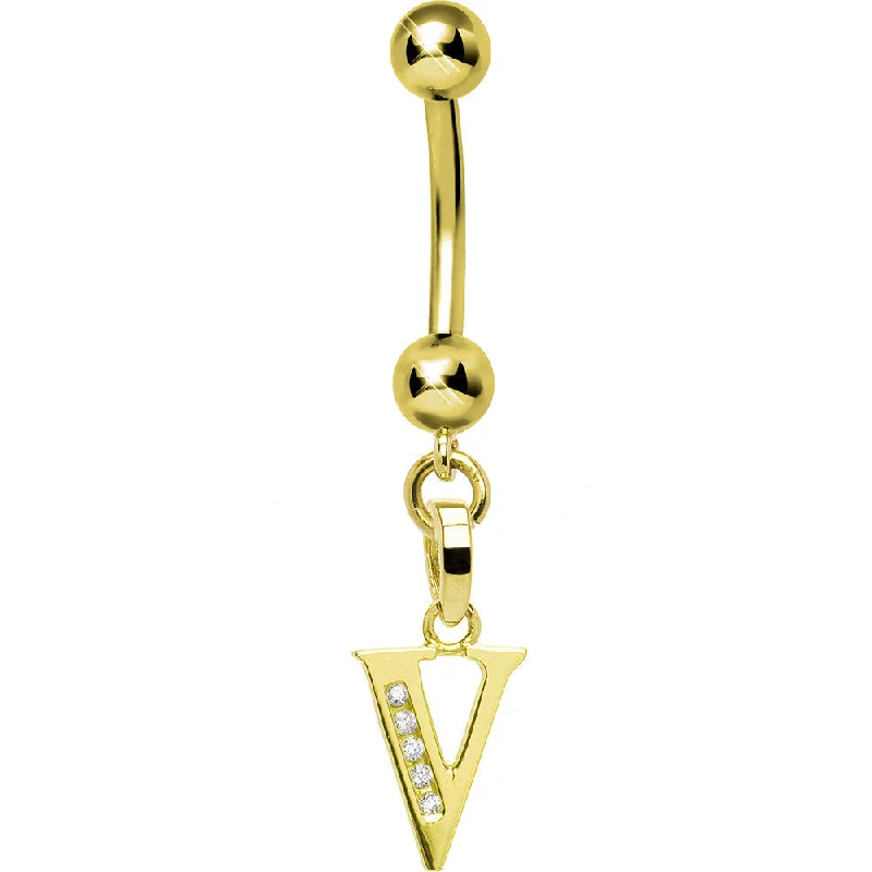 Belly Rings with Multicolored Stones -16 Gauge Solid 14kt Yellow Gold CZ Initial V Belly Ring Belly Rings with Multicolored Stones -16 Gauge Solid 14kt Yellow Gold CZ Initial V Belly Ring