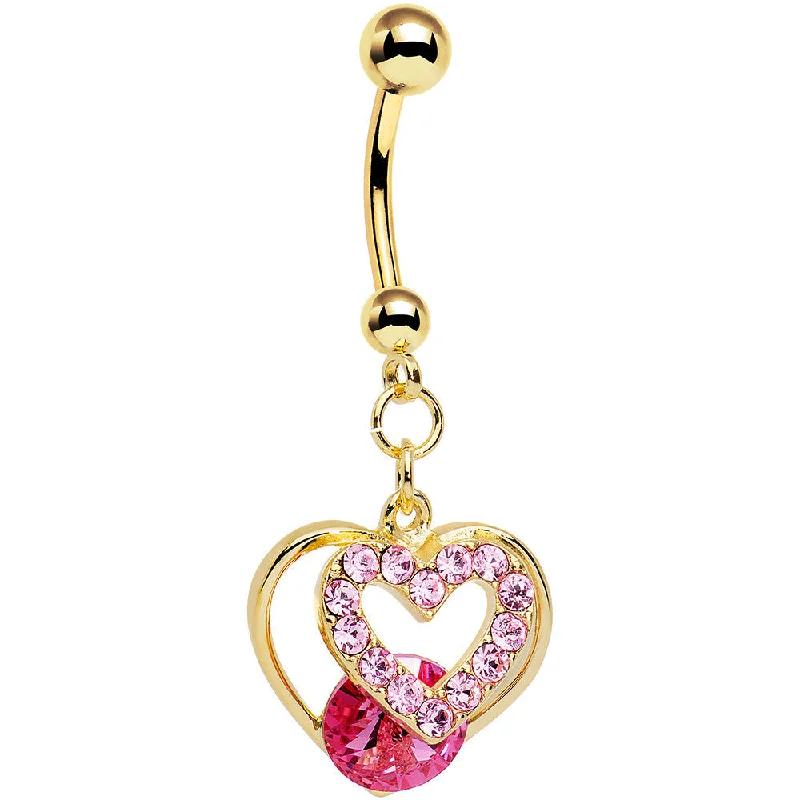 Beautiful Belly Rings for Stunning Fashion -Pink Gem Gold Anodized Steel Show Your Heart Dangle Belly Ring Beautiful Belly Rings for Stunning Fashion -Pink Gem Gold Anodized Steel Show Your Heart Dangle Belly Ring