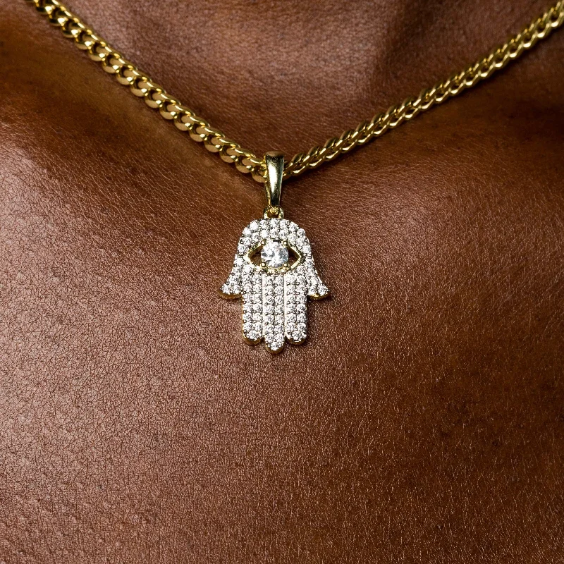 Shop Classic Women's Necklaces & Pendants with a Modern Twist-Micro Iced Hamsah Pendant in Yellow Gold Shop Classic Women's Necklaces & Pendants with a Modern Twist-Micro Iced Hamsah Pendant in Yellow Gold