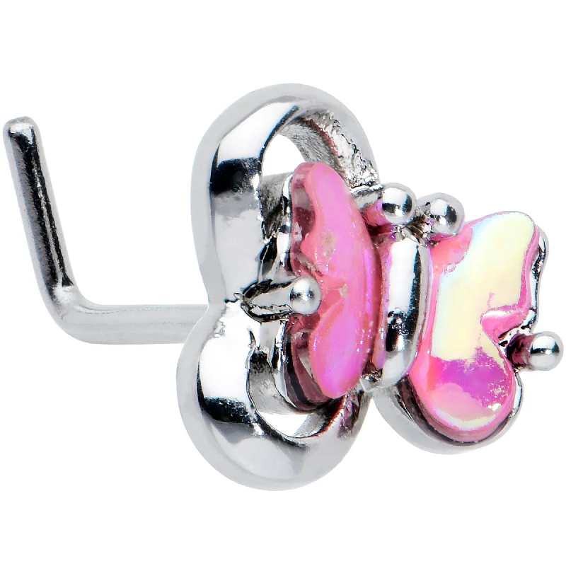Beautifully Crafted Gold Nose Rings -20 Gauge 7mm Heart Pink Butterfly L Shape Nose Ring Beautifully Crafted Gold Nose Rings -20 Gauge 7mm Heart Pink Butterfly L Shape Nose Ring