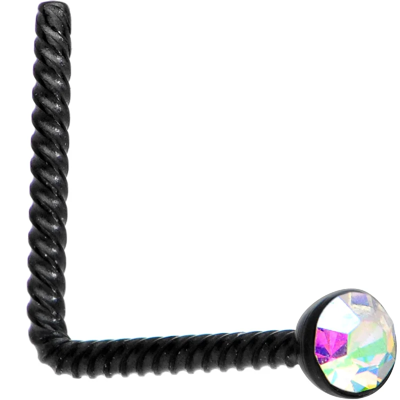 Minimalist Nose Rings -Aurora 2mm Gem Inlay Black So Twisted L Shaped Nose Ring