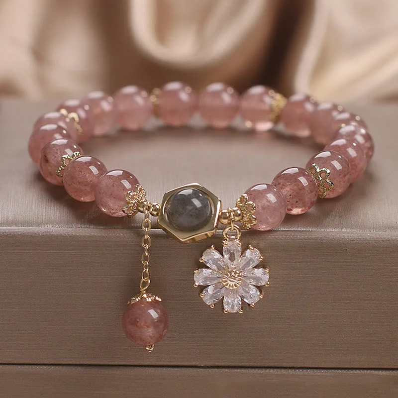 Unique Wedding Bangles for Women-Natural Strawberry Quartz Crystal Daisy Flower Charm Positive Healing Bracelet Unique Wedding Bangles for Women-Natural Strawberry Quartz Crystal Daisy Flower Charm Positive Healing Bracelet
