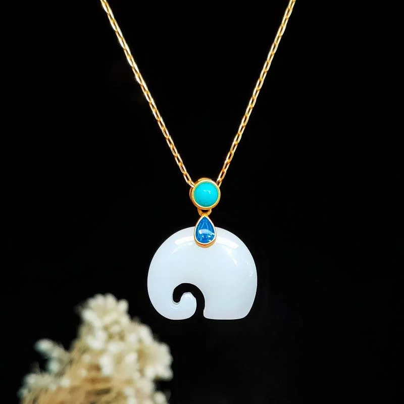 Shop Classic Women's  Necklaces & Pendants with a Modern Twist-Buddha Stones White Jade Elephant Luck Fortune Necklace Pendant