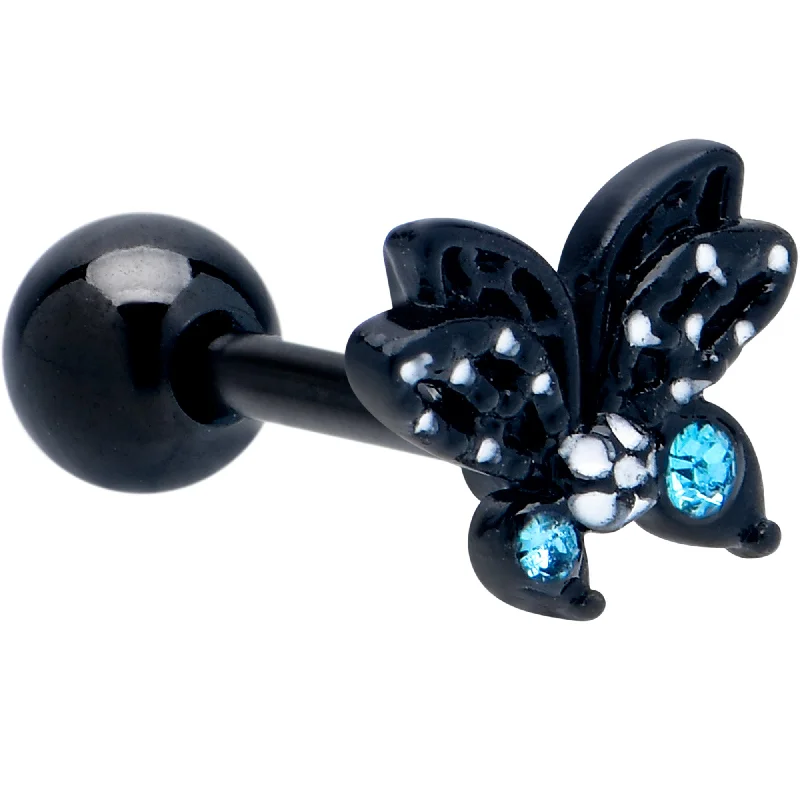 Women's Earrings – Elegant Designs for Every Personality--16 Gauge 1/4 Blue CZ Gem Black Night Drama Butterfly Cartilage Earring