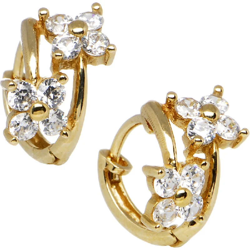 Women's Earrings – Elegant Designs for Every Personality--14kt Yellow Gold CZ Dual Flower Huggy Earrings Women's Earrings – Elegant Designs for Every Personality--14kt Yellow Gold CZ Dual Flower Huggy Earrings