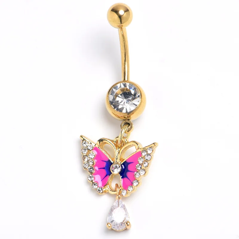 Comfortable Belly Rings with Unique Touch -Clear Gem Gold Tone Butterfly Blue Pink Drop Dangle Belly Ring Comfortable Belly Rings with Unique Touch -Clear Gem Gold Tone Butterfly Blue Pink Drop Dangle Belly Ring