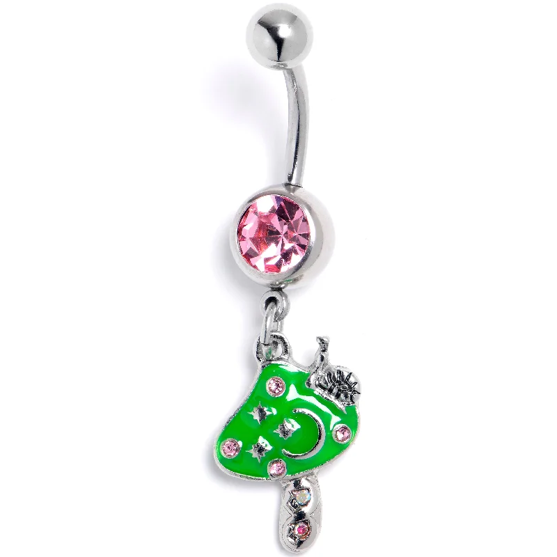 Belly Rings with Stylish Touch for Modern Women -Pink Gem Fanciful Green Mushroom Dangle Belly Ring Belly Rings with Stylish Touch for Modern Women -Pink Gem Fanciful Green Mushroom Dangle Belly Ring
