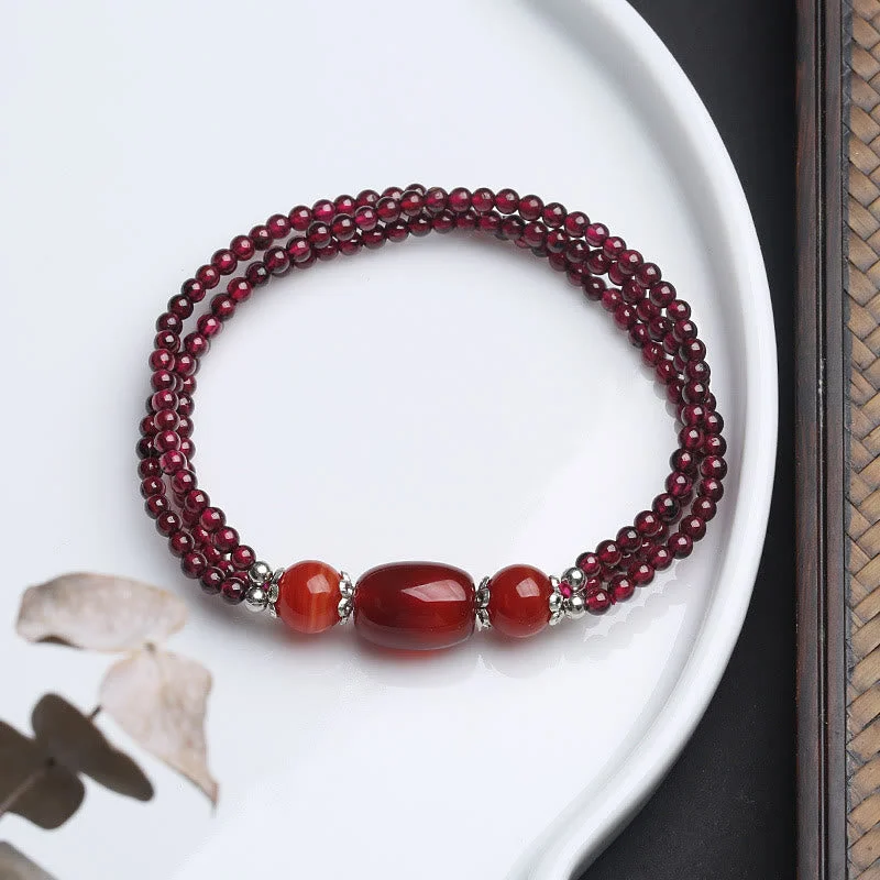 Sparkling Bangles for Women-Buddha Stones Natural Garnet Red Agate Protection Triple Layer Bracelet