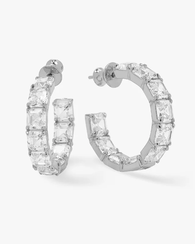 Women's Earrings – Elegant Designs for Every Personality--The Queen's Hoops 1" - Silver|White Diamondettes Women's Earrings – Elegant Designs for Every Personality--The Queen's Hoops 1" - Silver|White Diamondettes