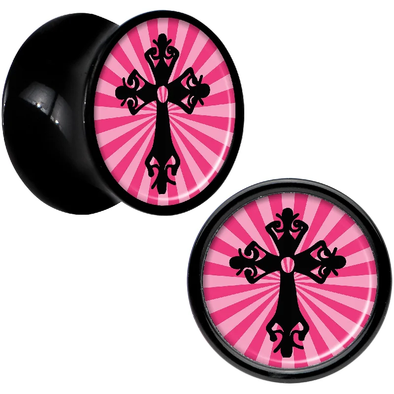 Women's Earrings – Elegant Designs for Every Personality--Black Acrylic Pink Black Radiant Cross Saddle Plug Set 00 Gauge