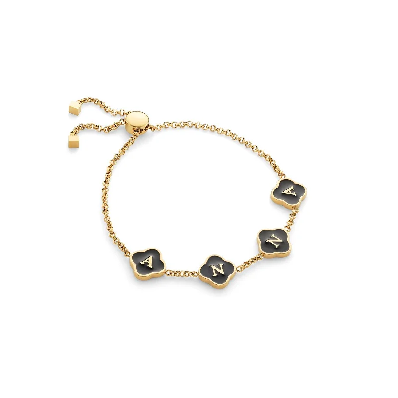 Trendy Cuff Bangles for Women-Black Enamel Clover Custom Name Bracelet (Gold)