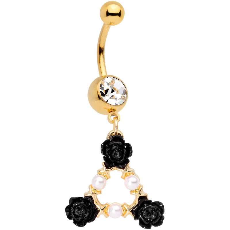 Unique Belly Rings for Bold Fashion Statements -Gold Tone Black Triple Flower Triangle Dangle Belly Ring Unique Belly Rings for Bold Fashion Statements -Gold Tone Black Triple Flower Triangle Dangle Belly Ring