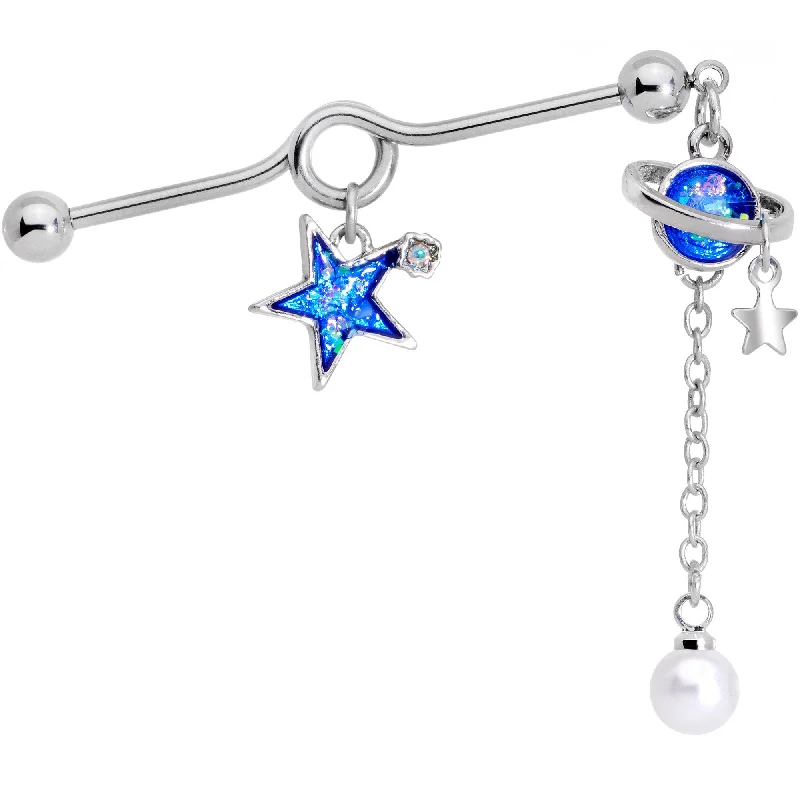 Women's Earrings – Elegant Designs for Every Personality--Clear Gem Blue Glitter Saturn Star Dangle Industrial Barbell 38mm Women's Earrings – Elegant Designs for Every Personality--Clear Gem Blue Glitter Saturn Star Dangle Industrial Barbell 38mm