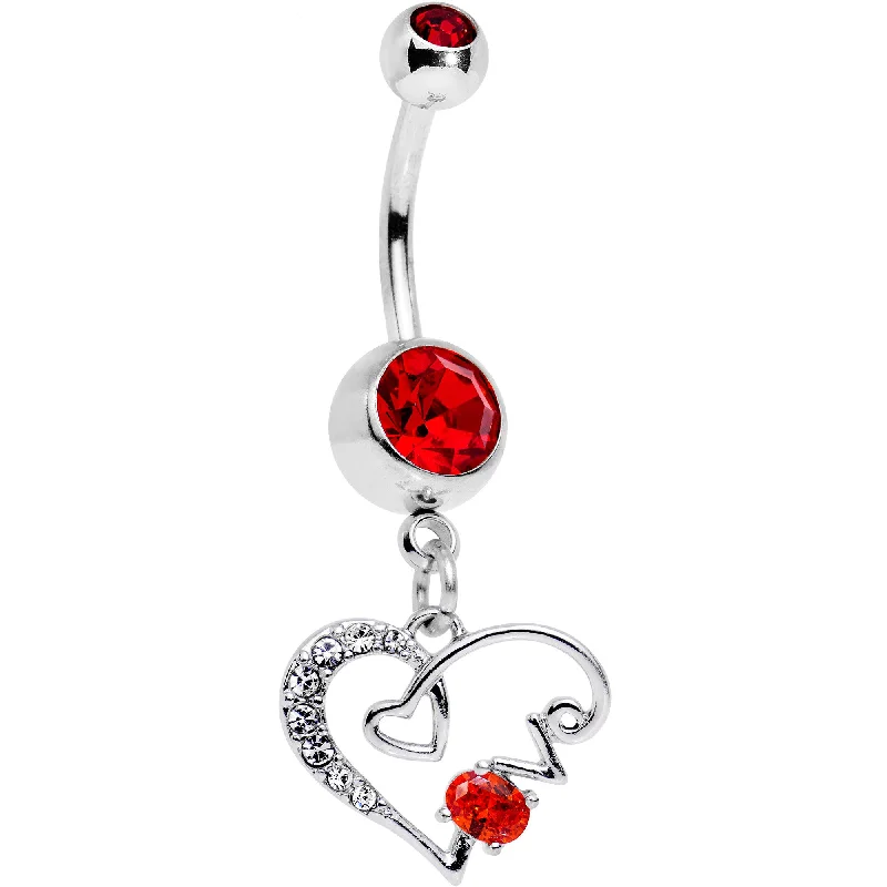 Trendy Belly Rings for Creative Designs -Red CZ Gem Love Scrawled Double Heart Dangle Belly Ring Trendy Belly Rings for Creative Designs -Red CZ Gem Love Scrawled Double Heart Dangle Belly Ring