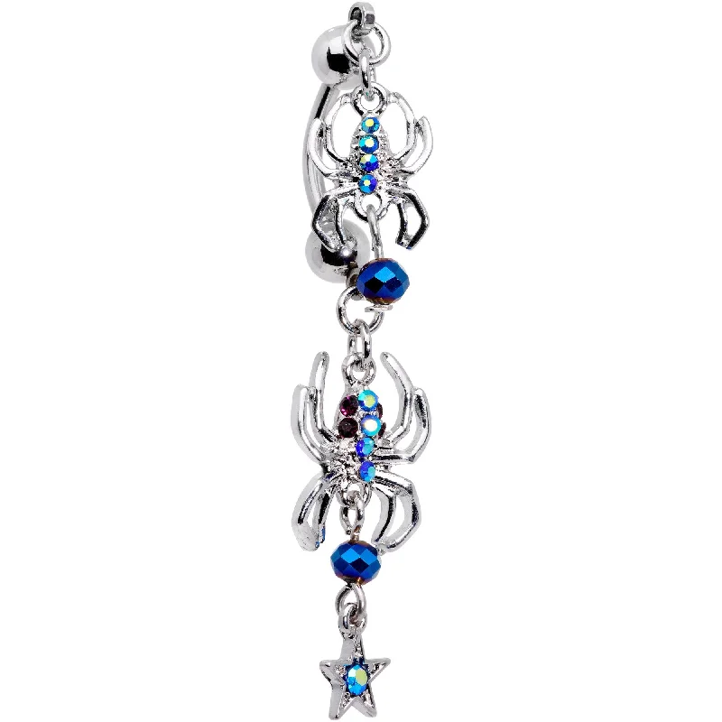 Sparkling Belly Rings with Gemstone Detailing -Blue Gem Spider String Reversible Top Mount Dangle Belly Ring Sparkling Belly Rings with Gemstone Detailing -Blue Gem Spider String Reversible Top Mount Dangle Belly Ring