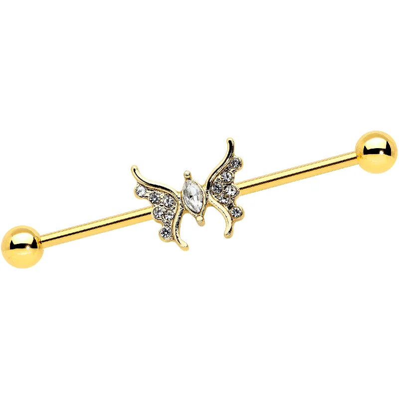Women's Earrings – Elegant Designs for Every Personality--14 Gauge Clear Gem Gold Tone Swirl Butterfly Industrial Barbell 38mm