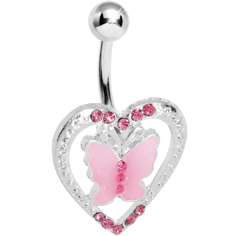 Stylish Belly Rings for Chic Looks -Pink Gem Fluttering Heart Butterfly Belly Ring