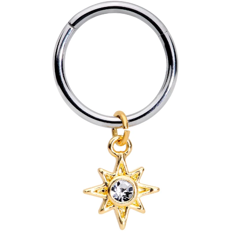 Sparkling Lip Rings with Multi-Stones16 Gauge 3/8 Clear Cubic Zirconia Gem Star Dangle Hinged Segment Ring