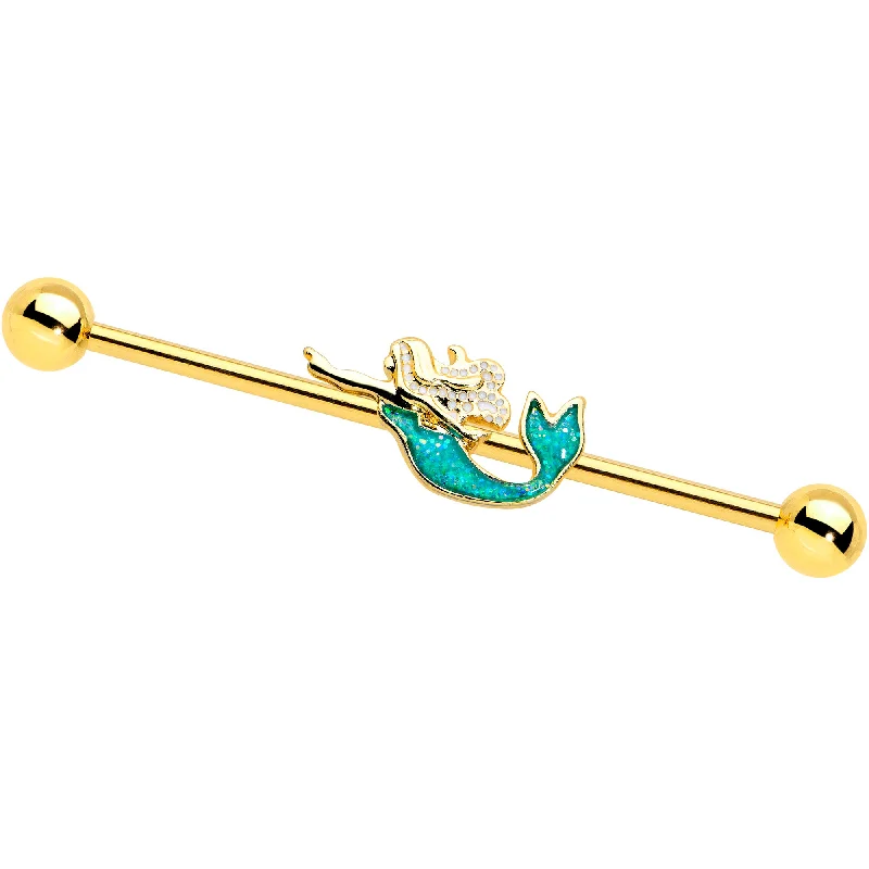 Women's Earrings – Elegant Designs for Every Personality--14 Gauge Green Faux Opal Gold Hue Tone Mermaid Industrial Barbell 38mm Women's Earrings – Elegant Designs for Every Personality--14 Gauge Green Faux Opal Gold Hue Tone Mermaid Industrial Barbell 38mm