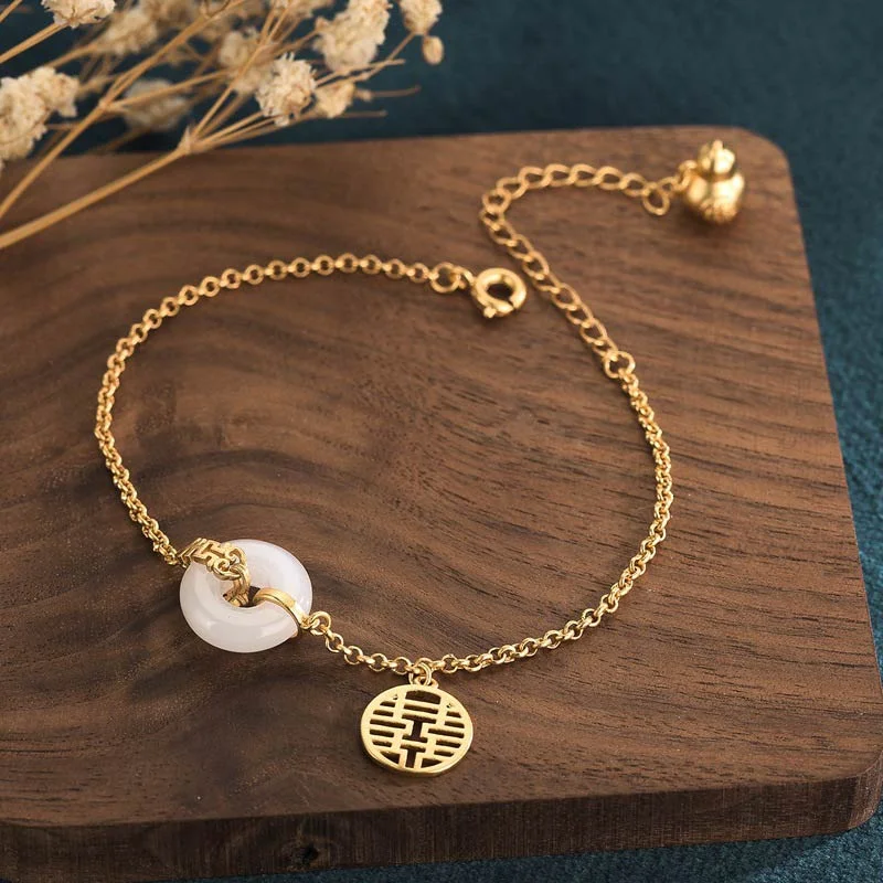 Bangles for Women with Sparkling Gems-Buddha Stones White Jade Double Happiness Fortune Bracelet Bangles for Women with Sparkling Gems-Buddha Stones White Jade Double Happiness Fortune Bracelet