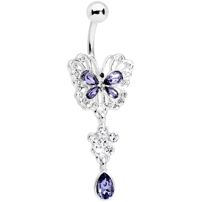 Belly Rings for Bold Looks -Clear Purple Gem Lacy Butterfly Flower Drop Dangle Belly Ring Belly Rings for Bold Looks -Clear Purple Gem Lacy Butterfly Flower Drop Dangle Belly Ring